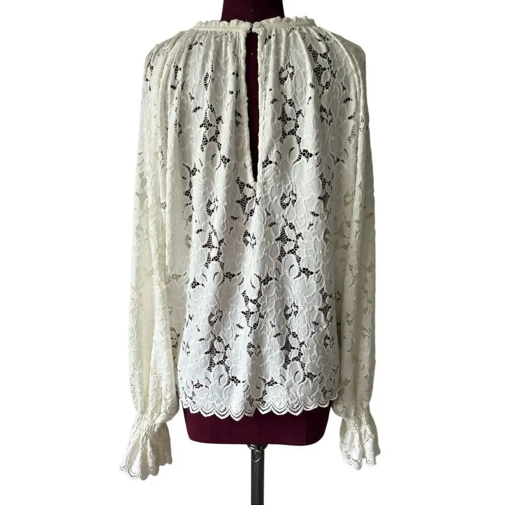 Free People‎ Olivia Lace Top size L Floral Long Bell Sleeve ivory white